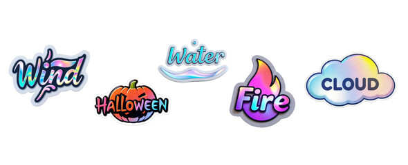 Colorful Elemental Stickers Featuring Water, Fire, Wind, Cloud, and Halloween Design