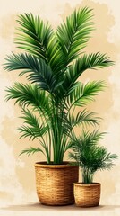 Two Elegant Palm Trees in Woven Baskets: A Tropical Botanical Illustration