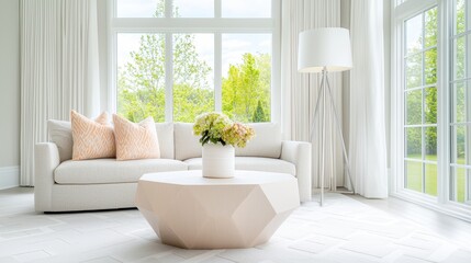 A contemporary living room with a large sectional sofa upholstered in a neutral fabric, a geometric coffee table, and a statement floor lamp, creating a comfortable and stylish space for relaxation.