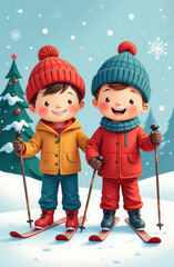 two boys skiing in the forest