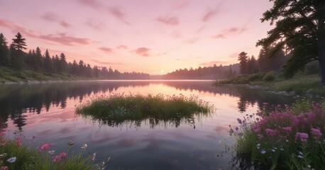 Obraz premium Soft pastel pink sunset over a serene lake with lush greenery and vibrant wildflowers, lake scene, pastel pink colors
