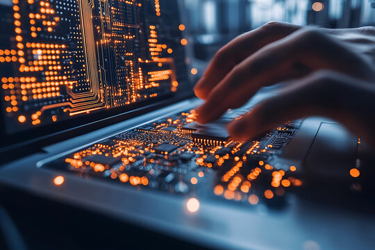 Digital technology, software development concept. Coding programmer, software engineer working on laptop with circuit board and javascript on virtual
