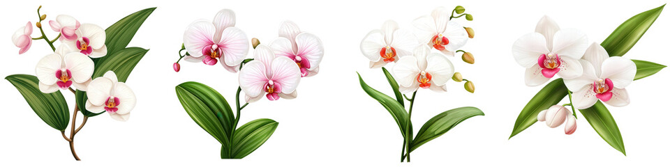 Fototapeta premium Tropical flower, Watercolor, Clipart. Orchids arranged elegantly on a transparent background.