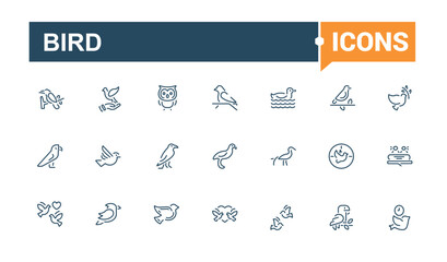 Bird linear icon collection. Related to wing, wren, wild, aviary, sparrow and more. Set of line pictogram. Editable vector icon and illustration.