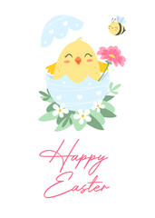 Spring and easter greeting card or poster with cute bird, egg, flowers, and lettering. Vector illustration.