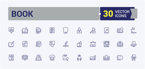 Book line icons set. Related to bible, dictionary, document, literature, symbol, library, school, smart. Collection for mobile and web apps. Editable stroke. Vector illustration.