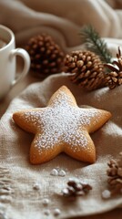 Decorating a star-shaped cookie with powdered sugar in a cozy kitchen setting for holiday treats