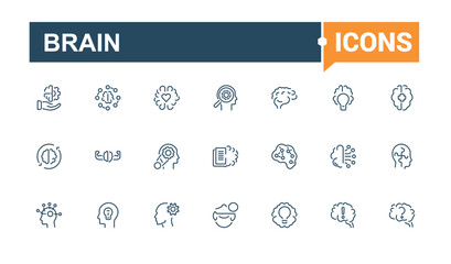 Brain icons in linear style. Includes thin line psychology, intelligence, mental, brainpower, human, growth, thinking, mental health. Minimal linear icons. Editable vector icon and illustration.