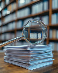 Enhancing research with a magnifying glass over documents in a library setting
