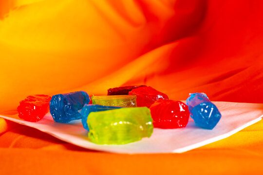 An assortment of colorful hard candy.