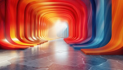 A long hallway with a bright orange wall