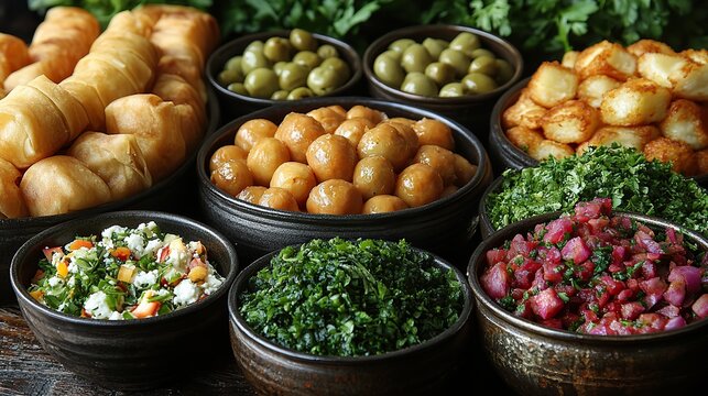 arabic cuisine middle eastern traditional dishes and assorted meze vine leaves kibbeh chicken fatteh spring rolls sambusak kibbeh nayyeh makdous haloumi olives eggplant fatteh and salad