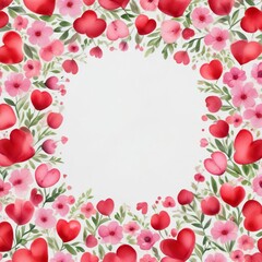 Fototapeta premium Watercolor illustration of red hearts and pink flowers on a white background, decorative elements, romantic theme, symbol of love, festive design, hand-drawn art