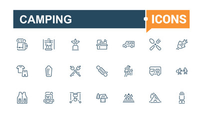 Camping icon set. Includes thin line map, tent, hiking, campfire, fish, tour, tree, travel. Simple line vector. Vector icons editable stroke.