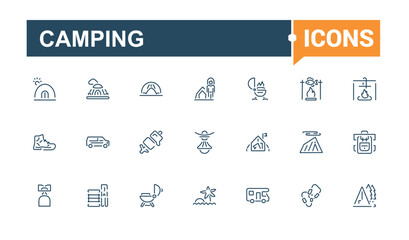 Camping icon set. Includes thin line map, tent, hiking, campfire, fish, tour, tree, travel. Simple line vector. Vector icons editable stroke.