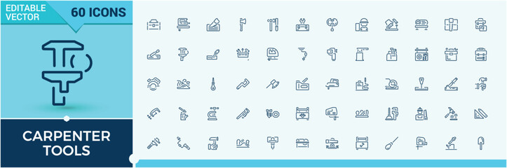 Carpenter Tools line web icon set. Includes icons for mechanic, industry, tools, construction, wood and more. Minimal linear icons. Editable stroke.