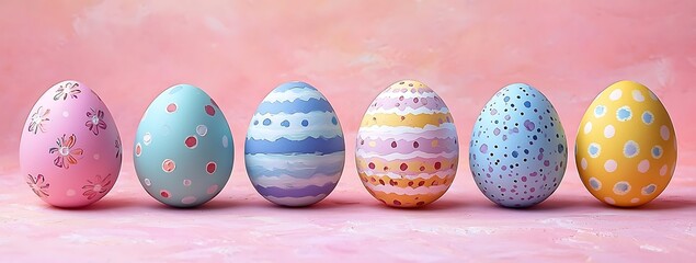 A colorful display of six decorated Easter eggs arranged on a soft pink background, showcasing various patterns and pastel hues.