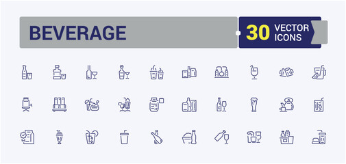 Beverage icons. Includes thin line smoothie, champagne, thin, servers, banqueting, pubs, milk and more. Simple line vector. Editable stroke.