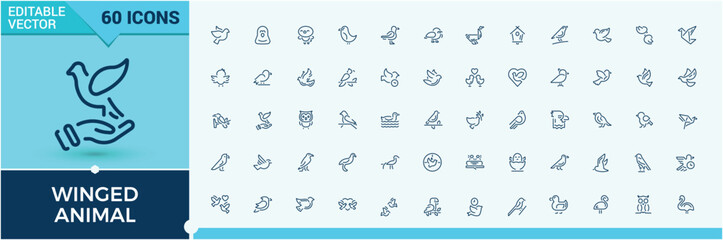 Winged Animal line icon collections. Contains such icons as Bird, wing, wild, animal, flying, wren and more. Editable stroke. © Rubbble