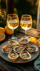 Fototapeta premium Plate of fresh oysters served with lemon slices and two glasses of white wine on a table.