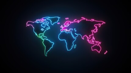 A holographic projection of a world map with glowing, neon colored outlines and pulsating dots, representing future global connectivity.