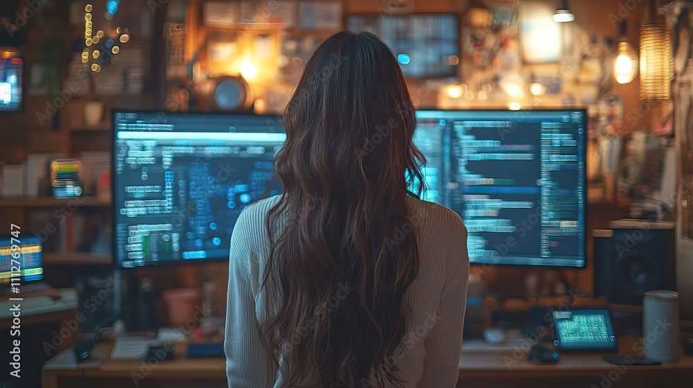 Poster back view of a young asian woman working as a freelance home as an it technician working on an artificial intelligence project and a coding programmer for big data mining and ai data engineerin