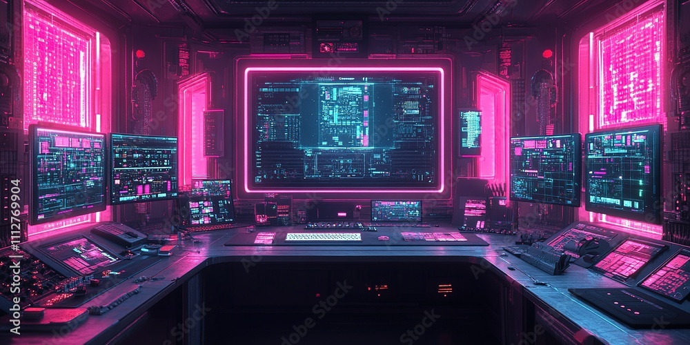 Poster futuristic control room with neon lights and multiple computer monitors displaying data in a high-te