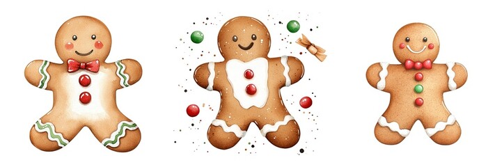 Fototapeta premium Christmas sweet, Watercolor, Clipart. Three decorated gingerbread cookies with festive colors and designs.