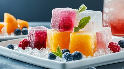 Colorful Fruit Ice Cubes on Plate with Fresh Berries and Mint Leaves - Refreshing Summer Concept for Stock Photography