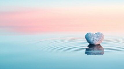 A close up shot of a heart shaped stone partially submerged in water, its reflection perfectly mirrored and bathed in the soft, golden light of a sunrise, evoking feelings of love and tranquility.
