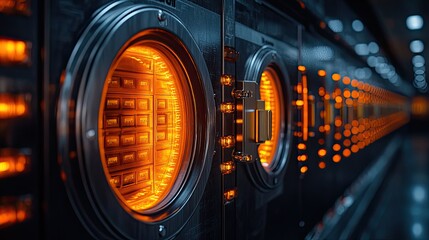 bank safe deposit boxes in black and orange there is an open door and a gold ba