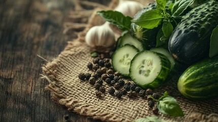 Close up of cucumbers on a rustic burlap cloth, surrounded by peppercorns and garlic