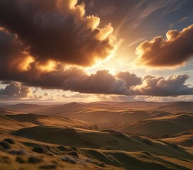 Fototapeta premium A dramatic sunset over the rolling hills of Scotland casting a warm golden light over the landscape and revealing a majestic cloud formation in the sky, Scottish countryside, sunrise