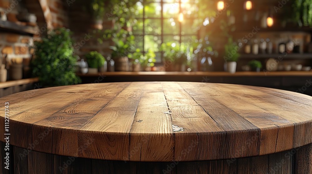 Poster beautiful round wood tabletop counter inside empty with a bright clean kitchen background ideal for 