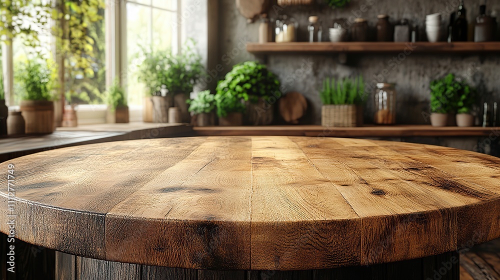Poster beautiful round wood tabletop counter inside empty with a bright clean kitchen background ideal for 