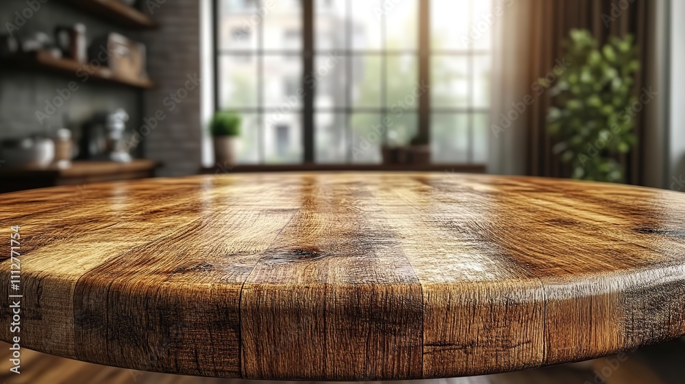 Poster beautiful round wood tabletop counter inside empty with a bright clean kitchen background ideal for 