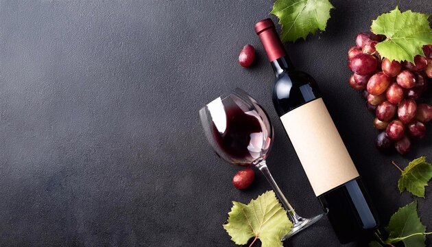 Elegant and inviting scene for wine enthusiasts, red wine bottle, glass, and fresh grapes on a dark background
