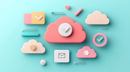 Multiple colorful cloud icons arranged in a circle, with each cloud containing a different app icon, representing cloud based software and services.