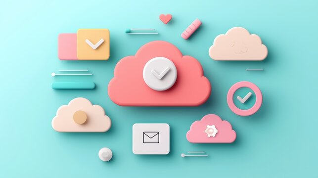 Multiple colorful cloud icons arranged in a circle, with each cloud containing a different app icon, representing cloud based software and services.