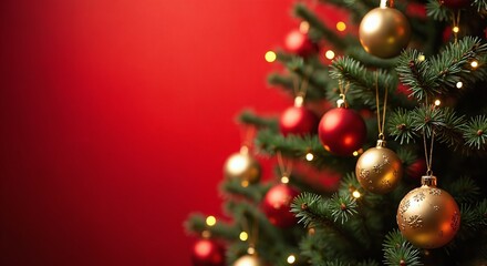 Christmas tree adorned with golden and red ornaments against a vibrant red background