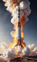 A rocket's engines produce a thick cloud of orange and white smoke as it breaks through the Earth's atmosphere , fiery, white smoke