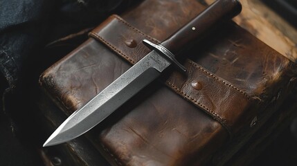 Vintage hunting knife on a dark brown leather book cover.