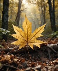 A solitary dead golden Acer leaf skeleton lying in the forest underbrush , woodland decay, forest understory