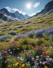 Fototapeta premium A stunning Alpine meadow with wildflowers of every color against a blue sky , alpen, landscape