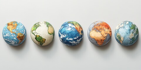 Five miniature globes showcasing diverse geographical features and landmasses on a plain surface