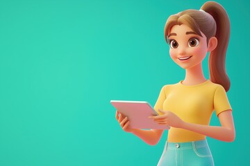 A 3D cartoon character with a high ponytail, wearing a yellow shirt and holding a tablet, smiling curiously against a teal background