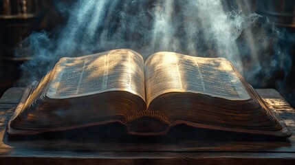 Obraz premium bible on wooden table with rays of light and smoke on background