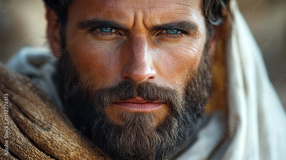 Poster biblical character close up portrait of a serious man with a beard and shawl looking at camera