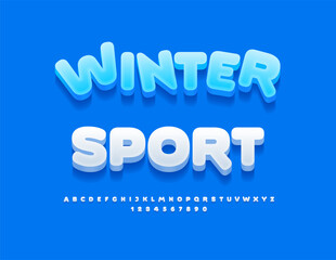 Vector funny logo Winter Sport. Cute White 3D Font. Modern Alphabet Letters and Numbers set.