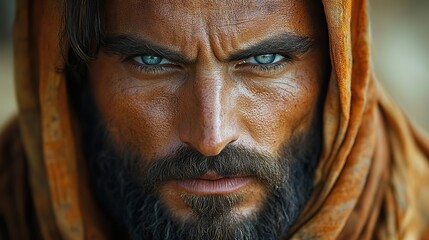 biblical character close up portrait of a serious man with a beard and shawl looking at camera